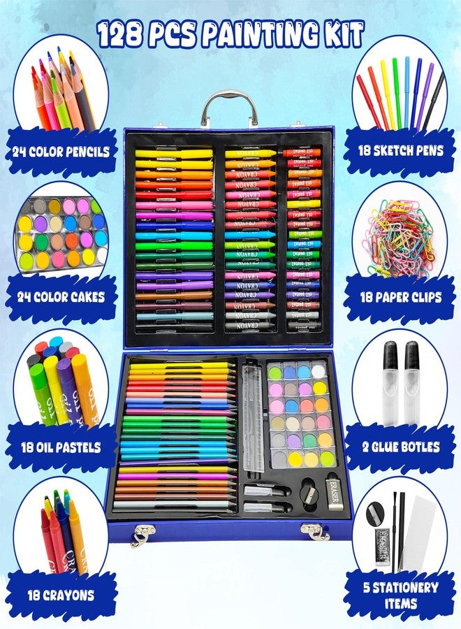 في جراسب مجموعة أدوات الرسم والتلوين VGRASSP المكونة من 128 قطعة بتصميم فضائي للأطفال - مجموعة فنية كاملة مع ألوان مائية، وألوان باستيل زيتية، وأقلام تلوين، وأقلام رصاص ملونة، وغيرها - مجموعة أدوات مدرسية محمولة - Image 3